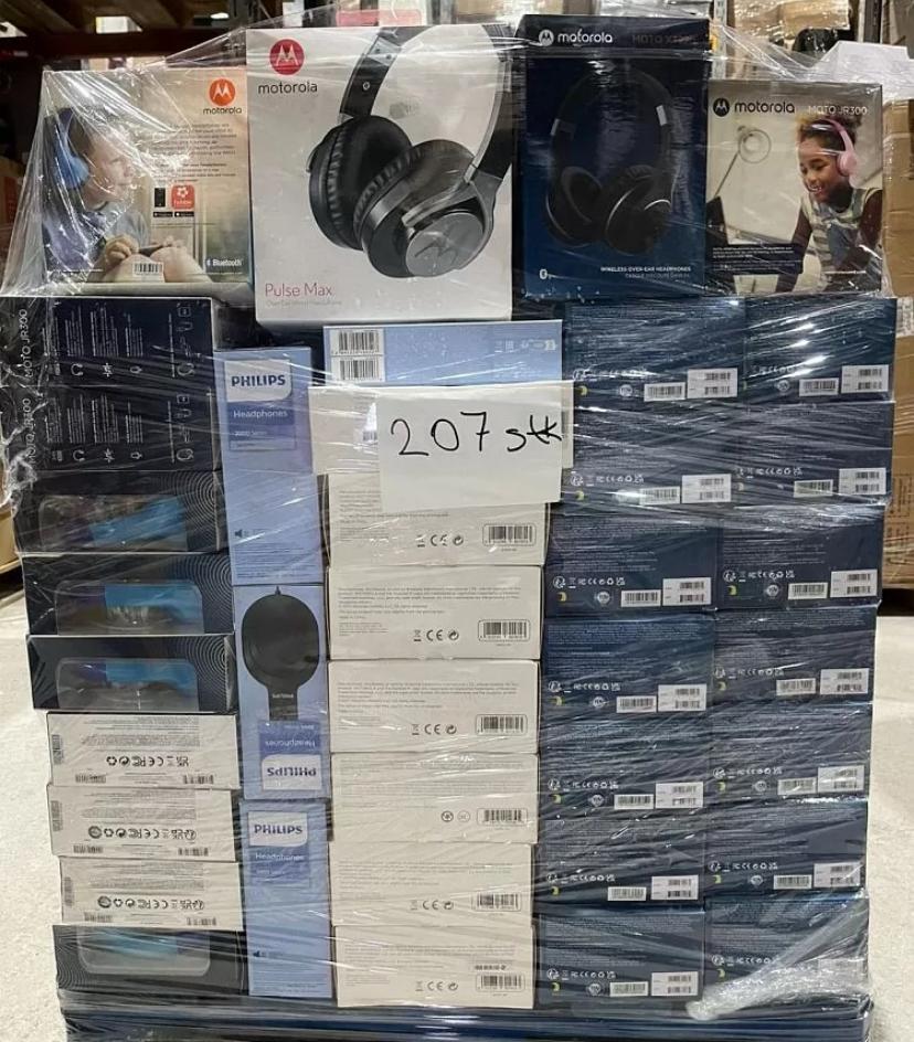 Palette de 207 casques & écouteurs sans fil – Motorola & Philips – Assortiment audio retours triés – 207 pièces – Grade A/B
